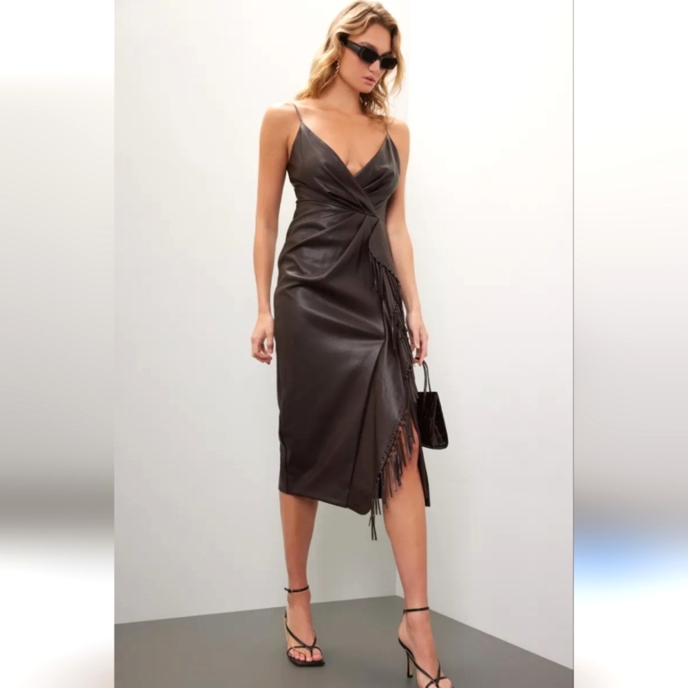 Simkhai Carkee Fringe Faux Leather Dress Size 2 Brown